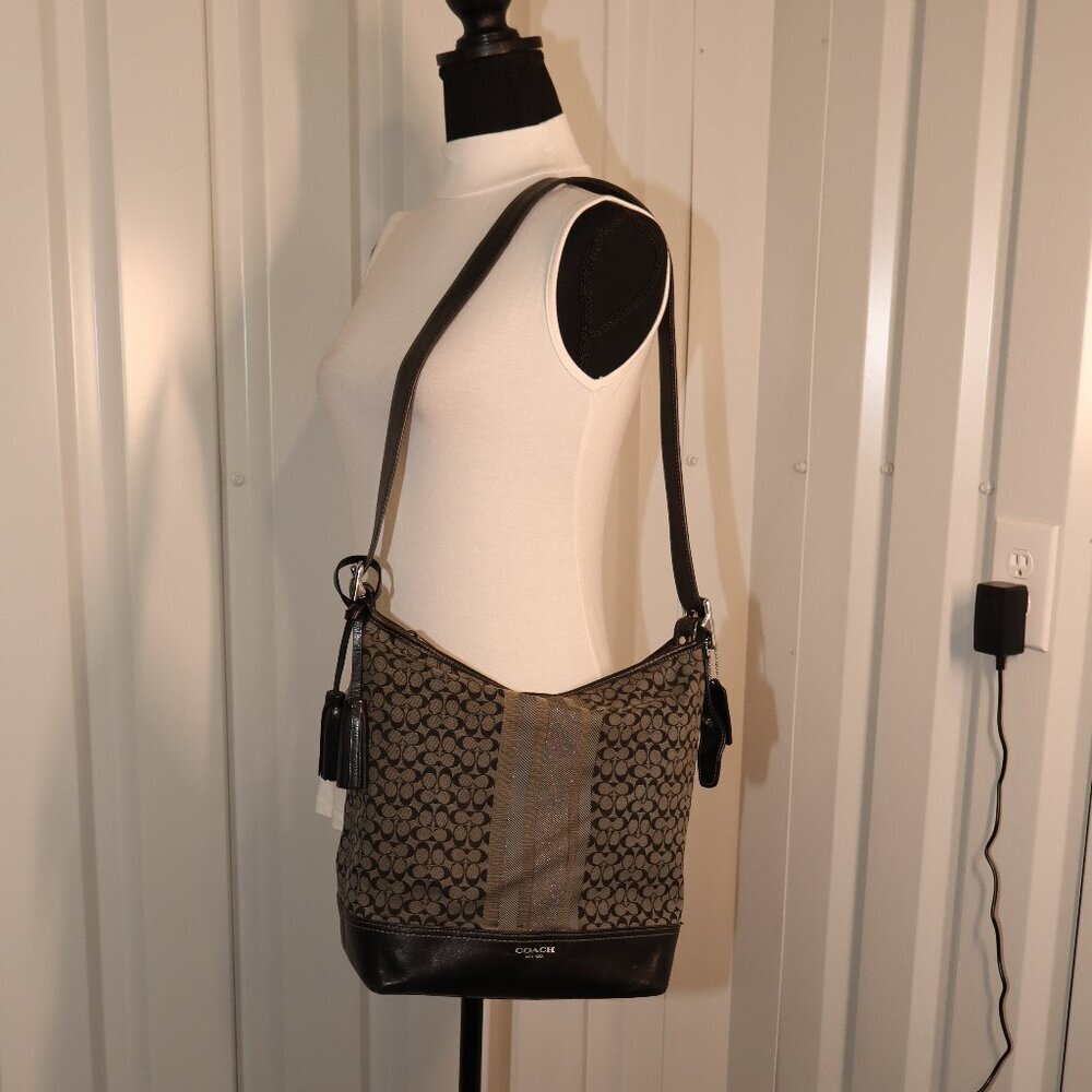 Coach Legacy Signature Stripe Duffle Shoulder Bag Black Gray D1271-19918 Adjust